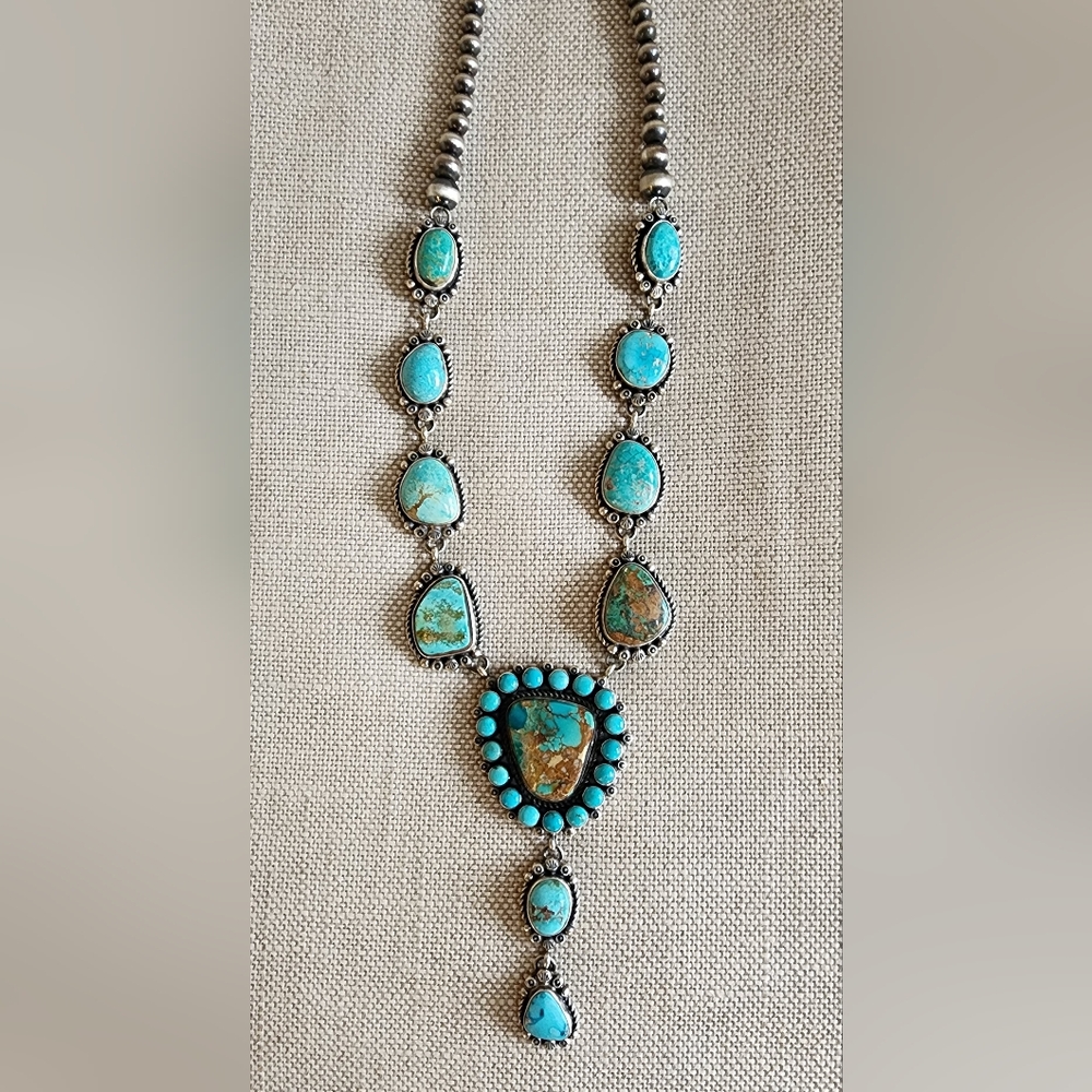 Gorgeous Navajo Kathleen Yazzie Royston Turquoise Lariat Necklace Sterling
